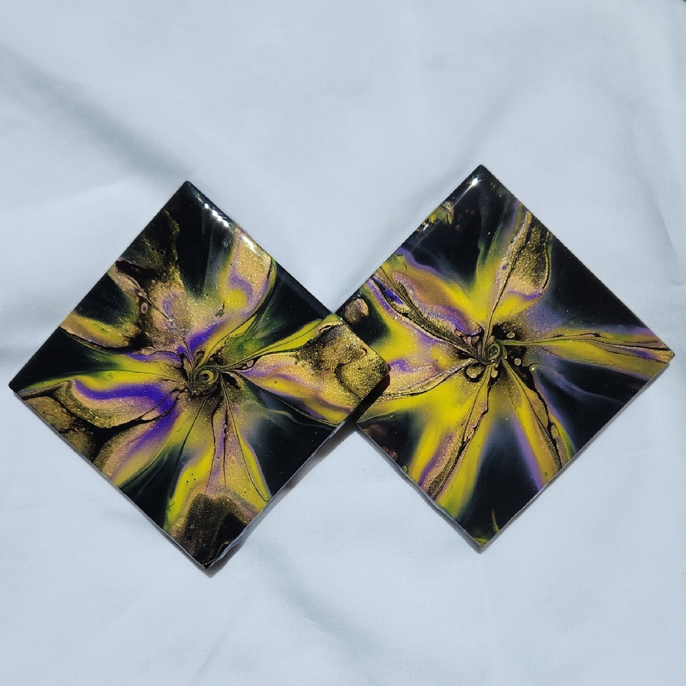 Hand Crafted Resin Painted Coasters Metallic Home Decor Decorative Drink Set 2